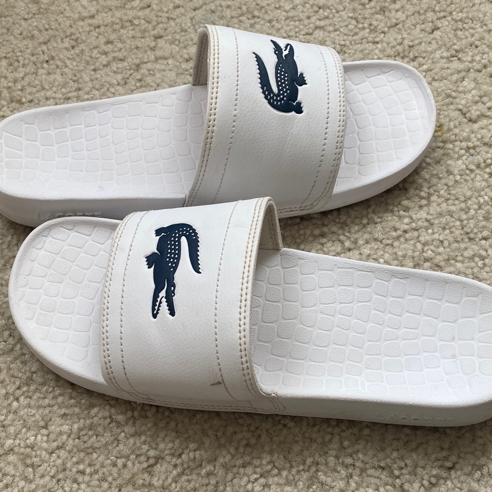 Lacoste White and Blue Slide Sandals